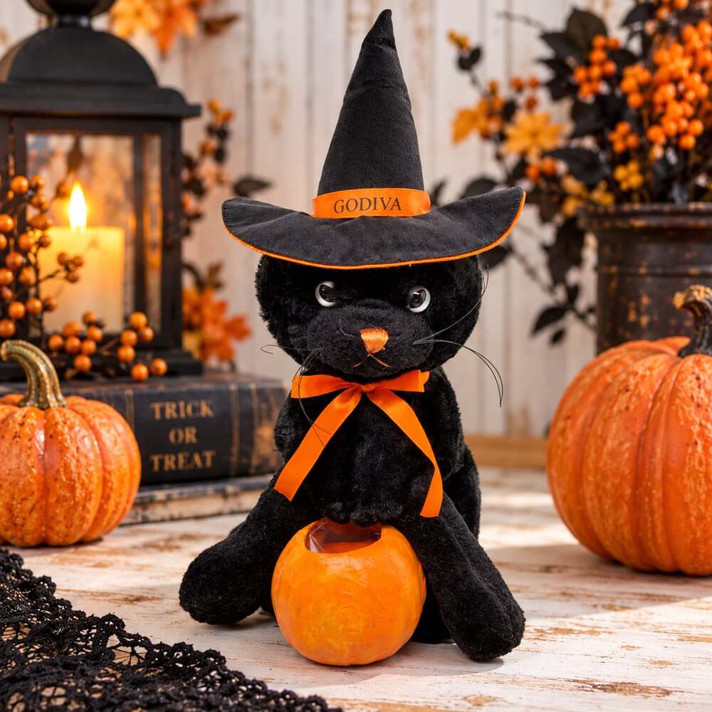 Godiva 13” Black Cat Plush Halloween Witch Hat Paper Mache Pumpkin Candy Bucket